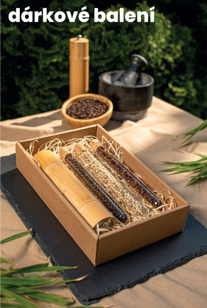 Dárkové balení kampotského pepře s bambusovým mlýnkem a zkumavkami